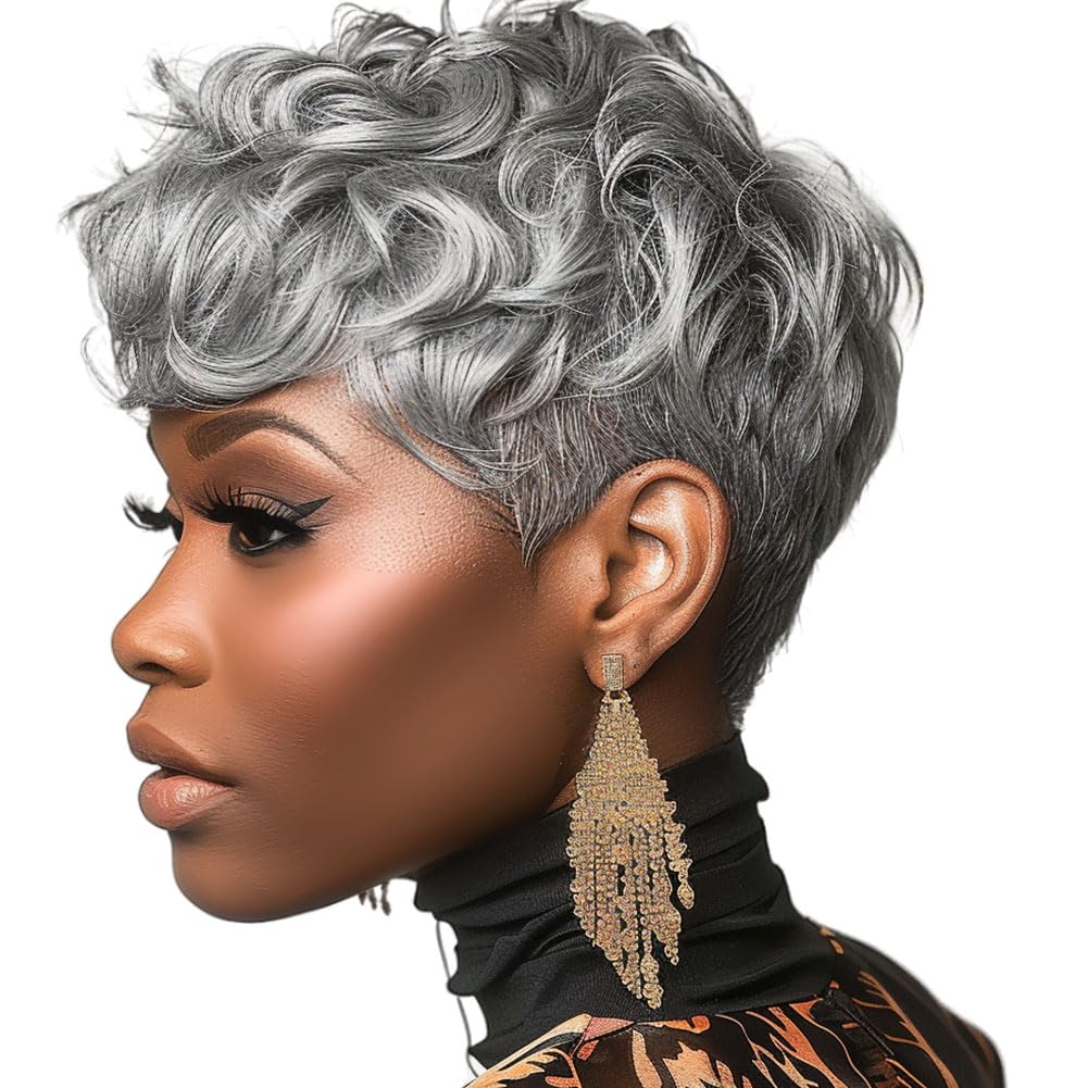 Moonshow Grey Pixie Cut Wig - Short Synthetic Wavy Curly Wig For Black Women & Older Women