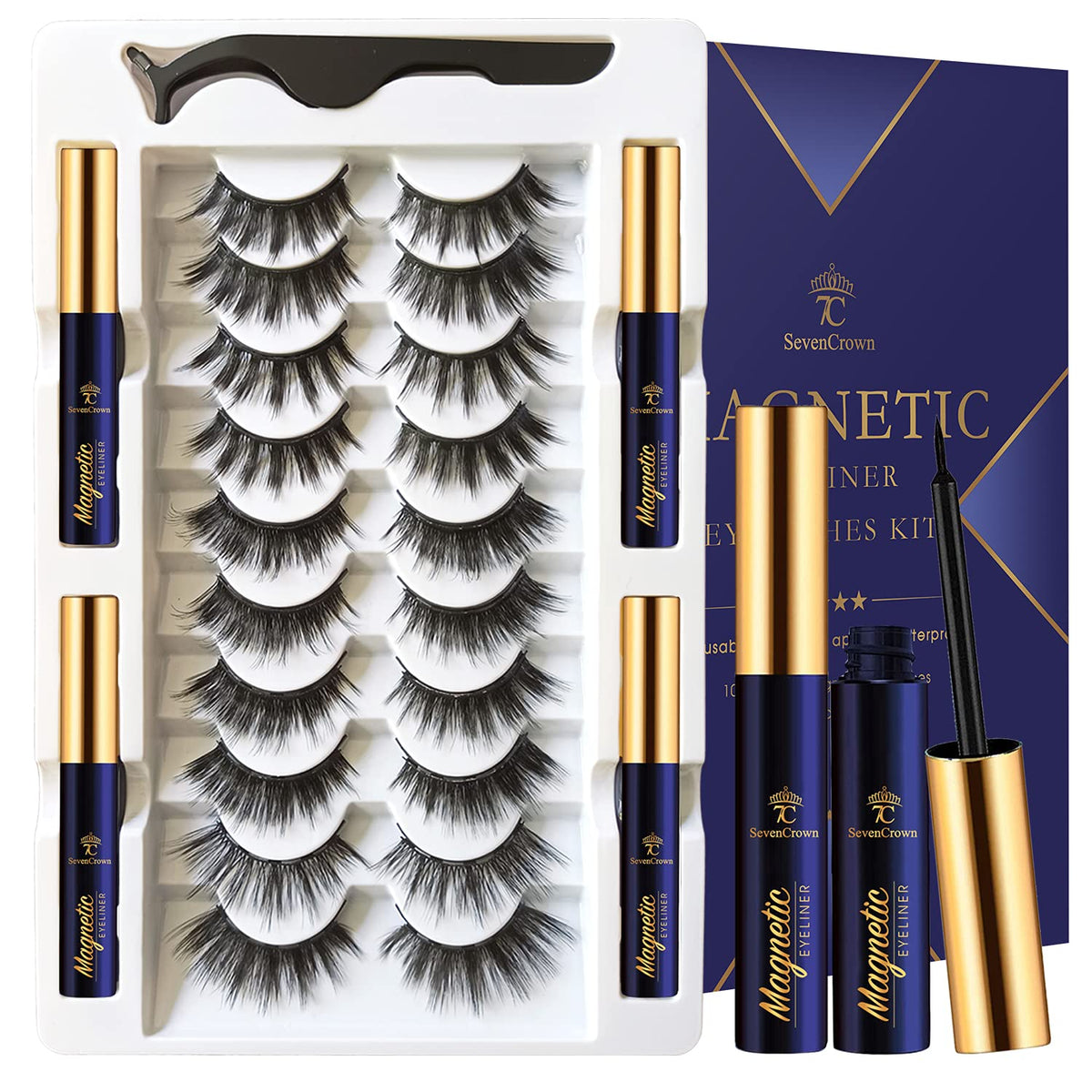 7C Sevencrown Magnetic Lashes Kit - 10 Pairs 3D Cat Eye Lashes & Long-Lasting Ey