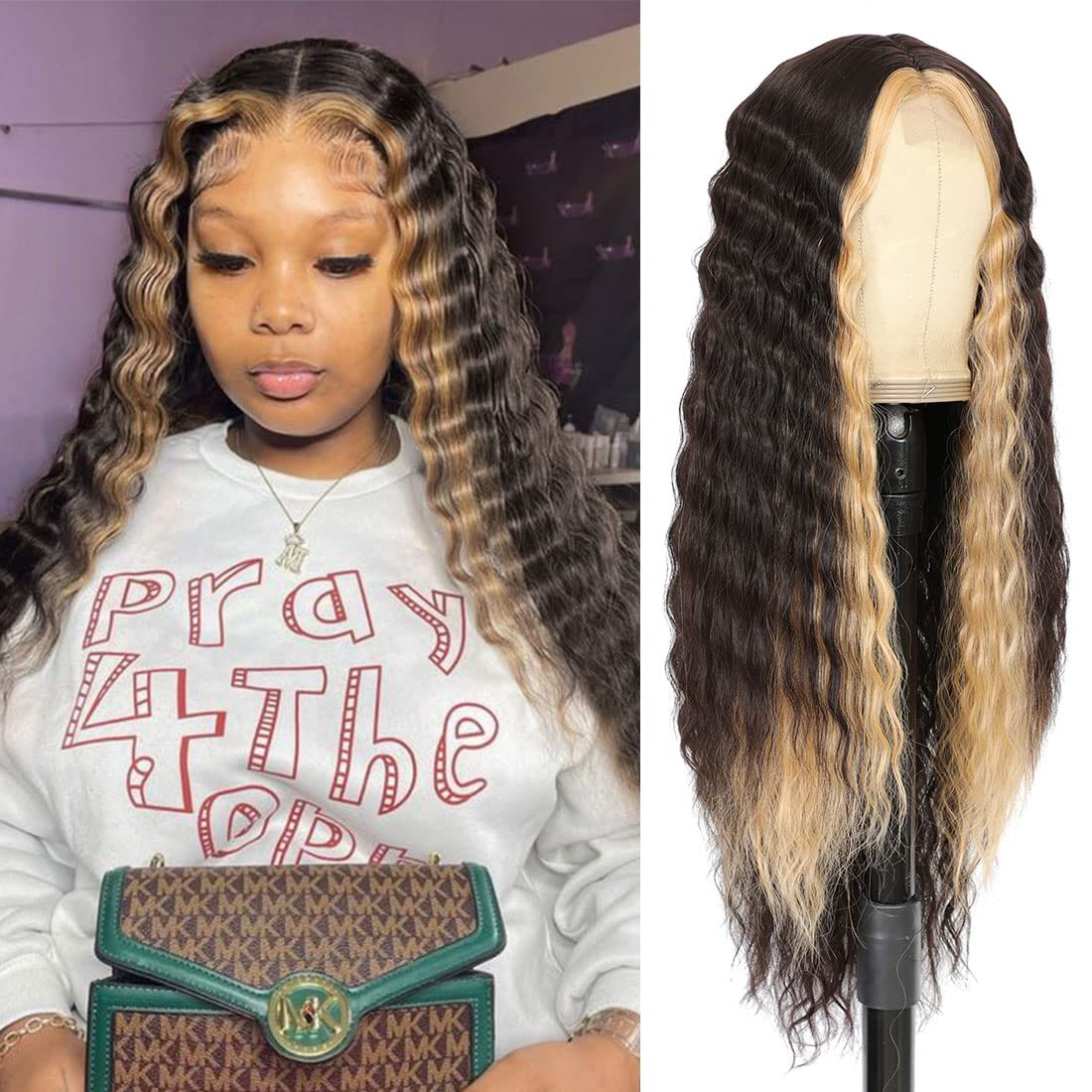 Clione 28&quot; Dark Brown Skunk Stripe Curly Lace Front Wig With Blonde Highlights, Deep Wave Synthetic Hair