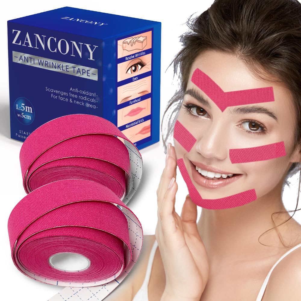 Zancony Face Tape For Wrinkles - Myofascial Lift Patches, 2 Rolls Pink For Face & Neck