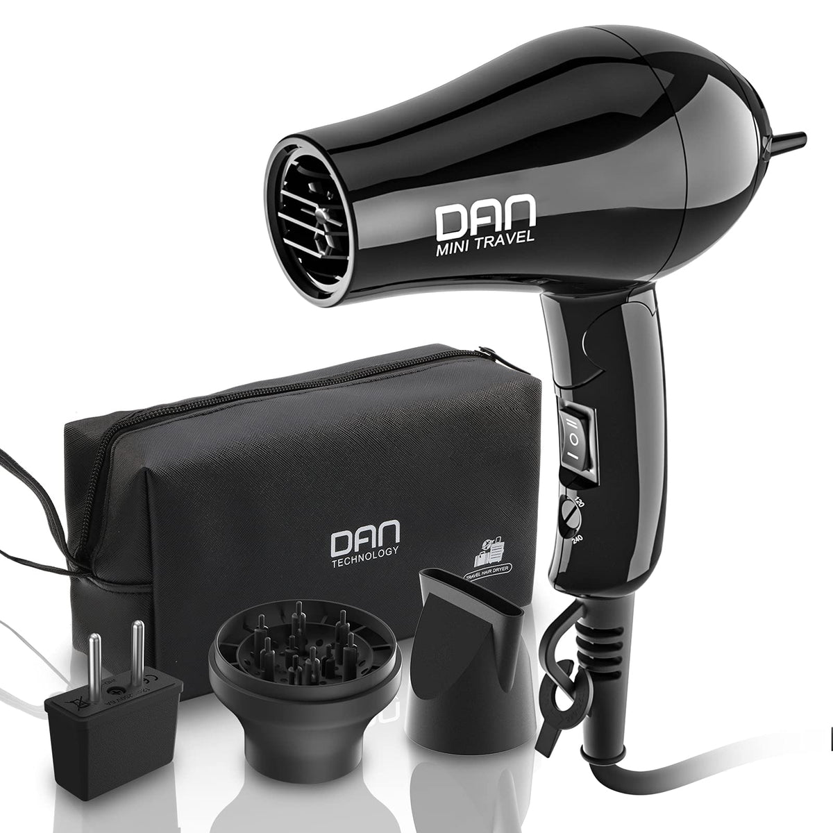 Dan Technology Compact Hair Dryer - Travel Mini Blow Dryer With Concentrator & Diffuser, Black