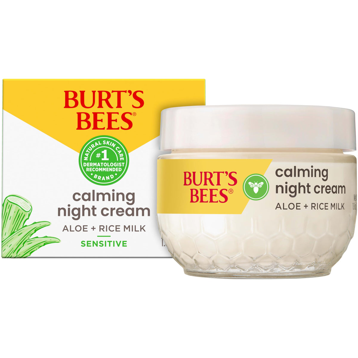 Burts Bees Gentle Night Cream Moisturizer for Face  Sensitive Skin  Made with Aloe Vera  Rice Milk to Soothe Skin  Dermatolog