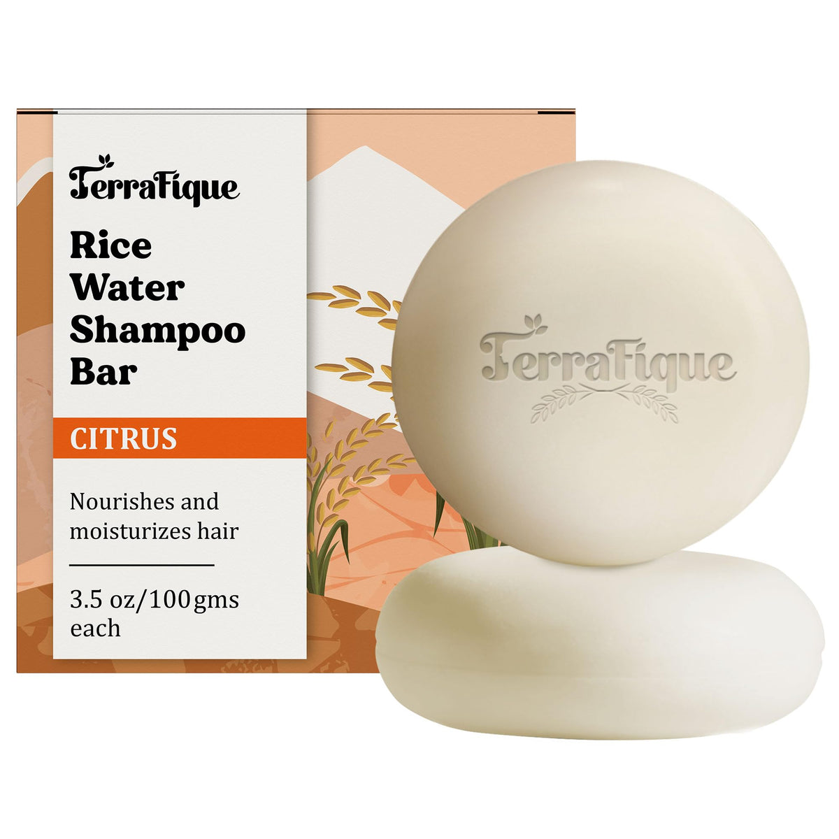 Terrafique Rice Water Shampoo Bar - Hair Growth, Cocoa & Shea Butter, Citrus Scent, 2 Pack