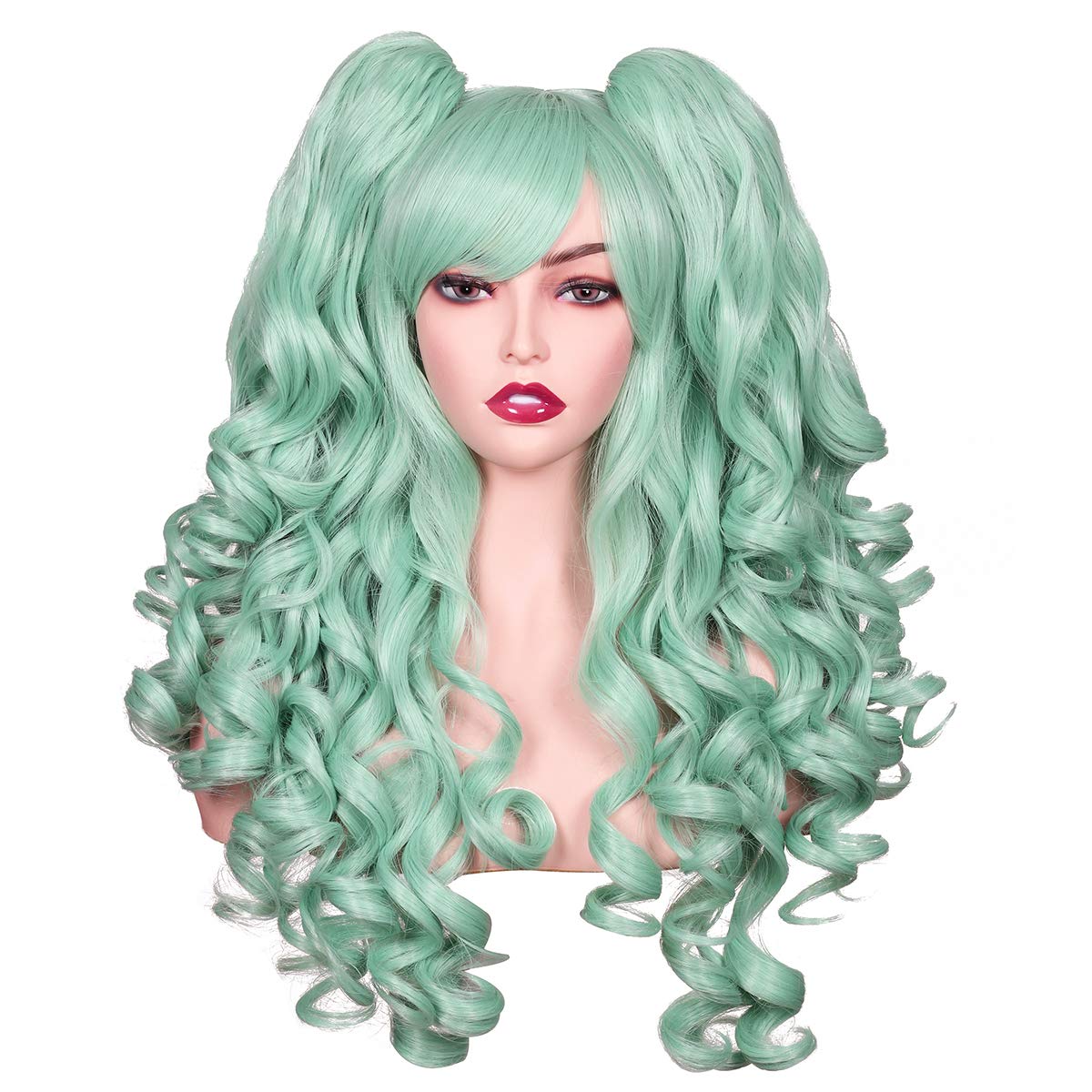 Colorground Mint Green Long Curly Cosplay Wig With 2 Ponytails - Synthetic Fiber