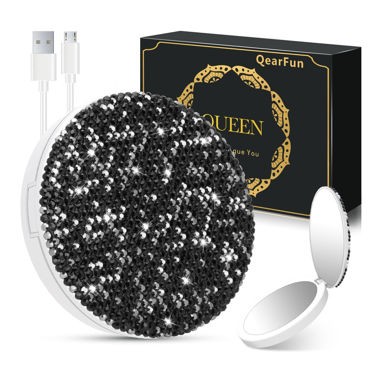 Qearfun Rhinestone Led Compact Mirror - 3.5&quot; Rechargeable Makeup Mirror For Women, Black-Silver