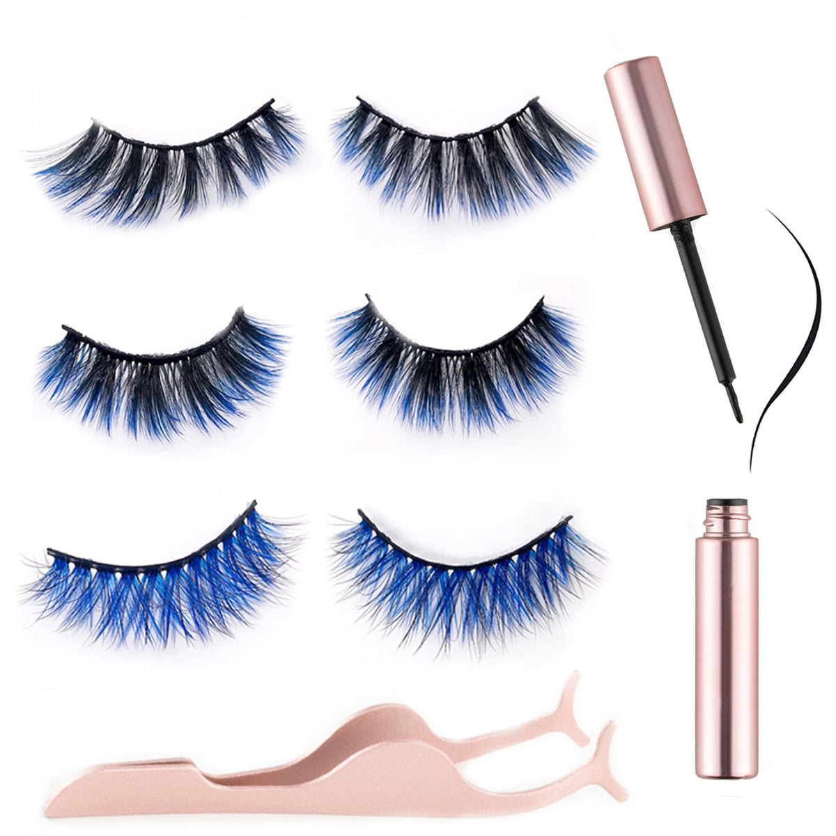 Miaowang 6D Magnetic Blue Eyelashes & Eyeliner Kit With Tweezers - 3 Styles, Blue