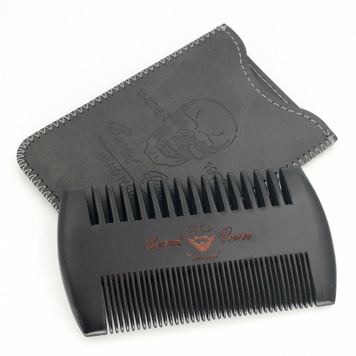 Menesia Black Wooden Beard Comb with Case - Vegan Leather, Skull Design for Beards & Hair