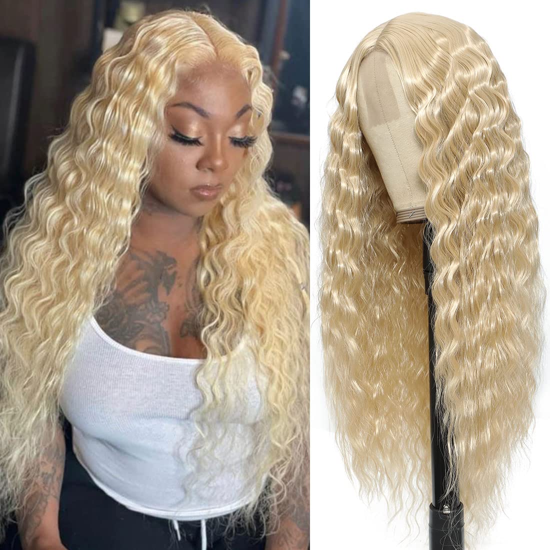 Clione 28&quot; Honey Blonde Synthetic Curly Lace Front Wig - Long Deep Wave Curls 15/613#