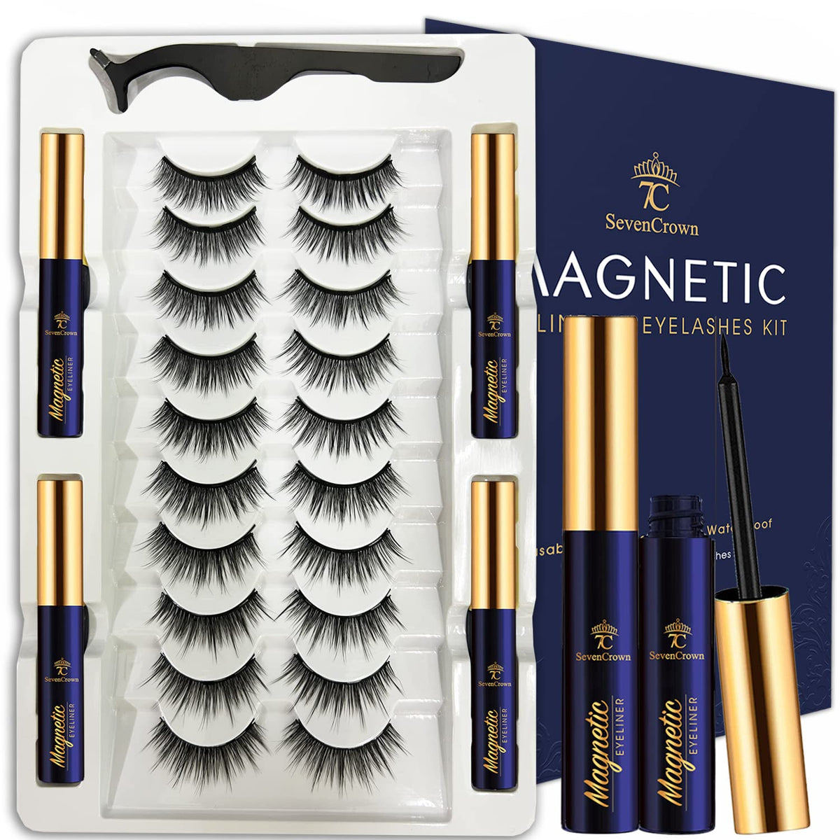 7C Sevencrown 3D Cat-Eye Magnetic Eyelashes Kit - 10 Pairs, Waterproof Liner, Cru