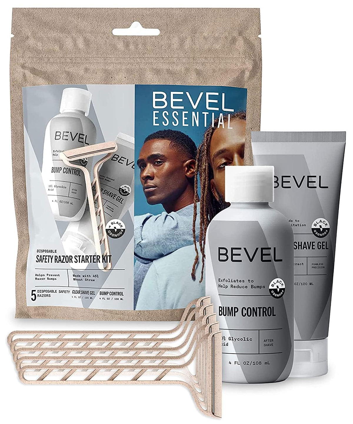 Bevel Disposable Safety Razor Kit For Men - 5 Stainless Steel Razors, Shave Gel & Bump Cream