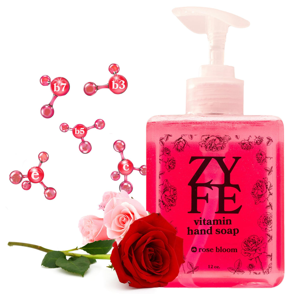 Zyfe Liquid Hand Soap - Moisturizing Rose Bloom Fragrance - 12Oz Pump For Kitchen & Bathroom