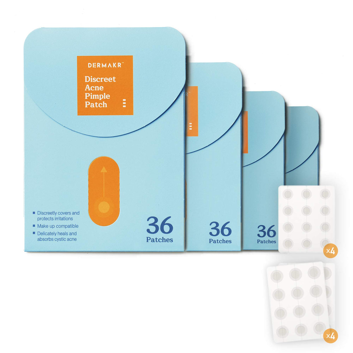 Dermakr Acne Pimple Patch - Hydrocolloid Spot Treatment, Waterproof, 4 Packs Of 36 Stickers