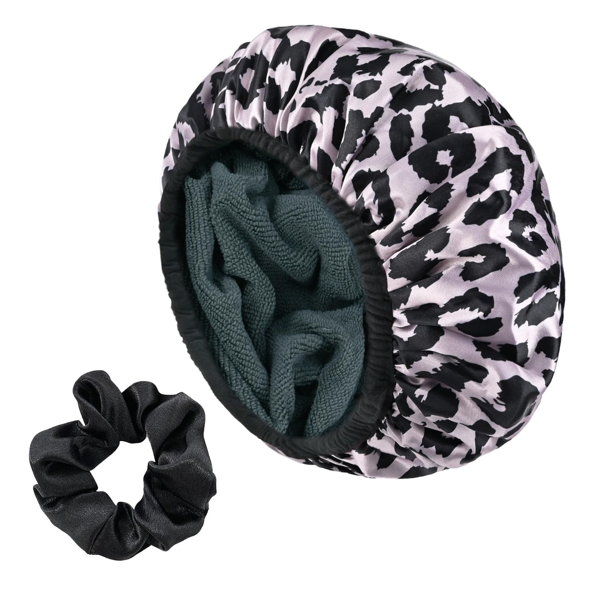 Yonchic Large Pink Leopard Print Satin Shower Cap - Terry Cloth Lined, Waterproof, Reusable