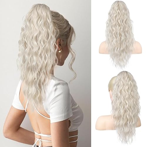 REECHO 18&quot; Platinum Blonde Claw Clip Ponytail Extension - Curly Wavy Synthetic Hairpiece