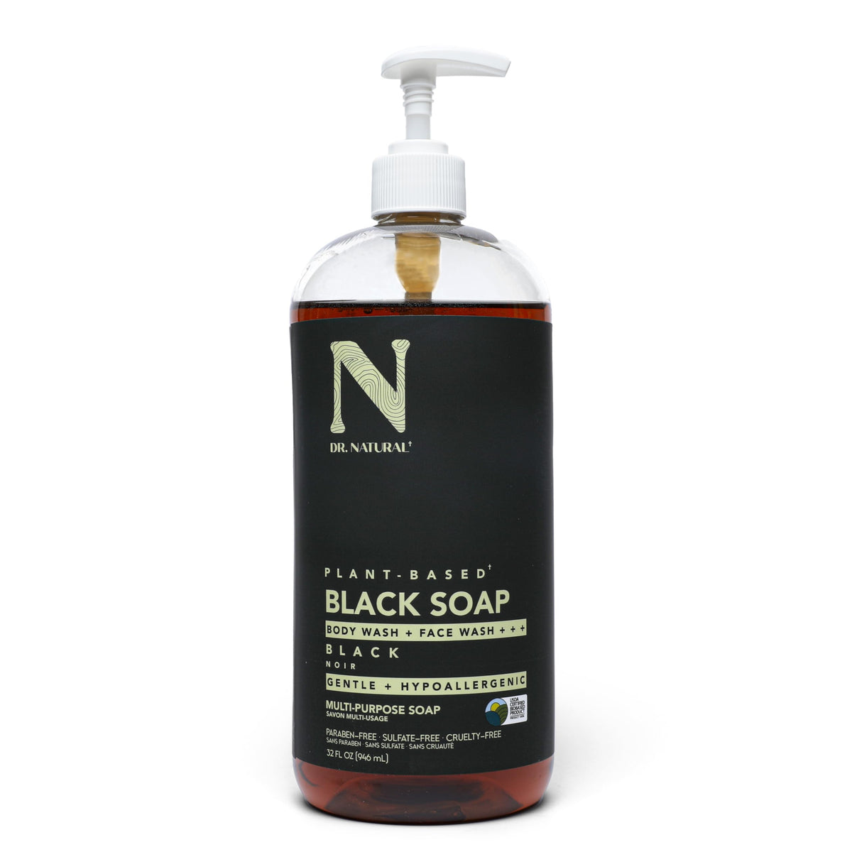 Dr. Natural Multi-Purpose Black Liquid Soap - 32 Oz Acne-Fighting Body Wash & Hand Soap