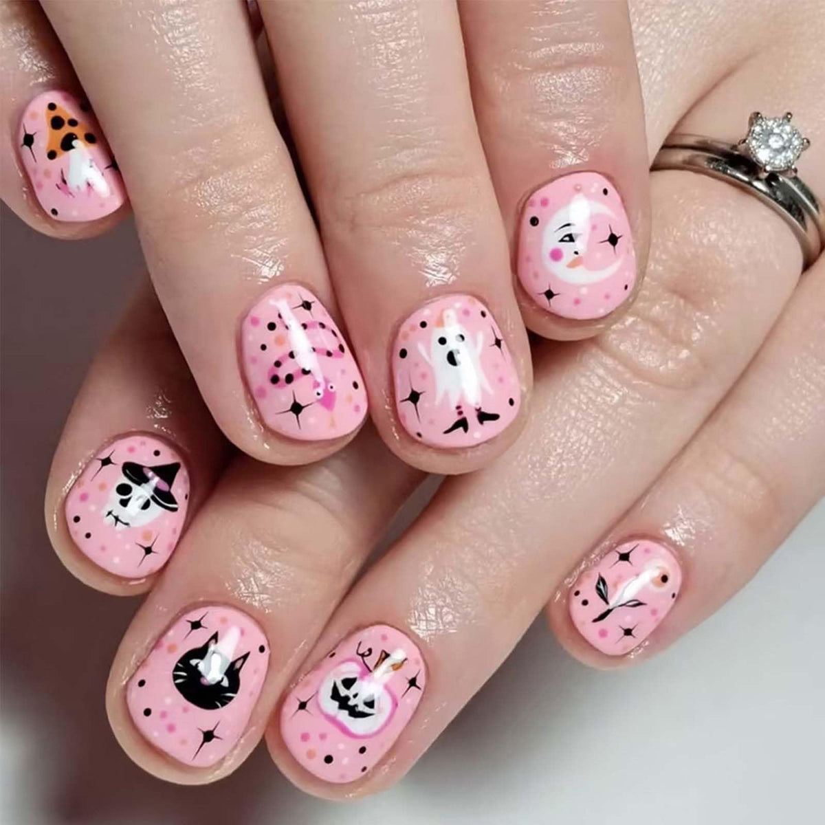 Kasoicra Halloween Pink Square Press On Nails 24Pcs Ghost Pumpkin Design Glossy Acrylic