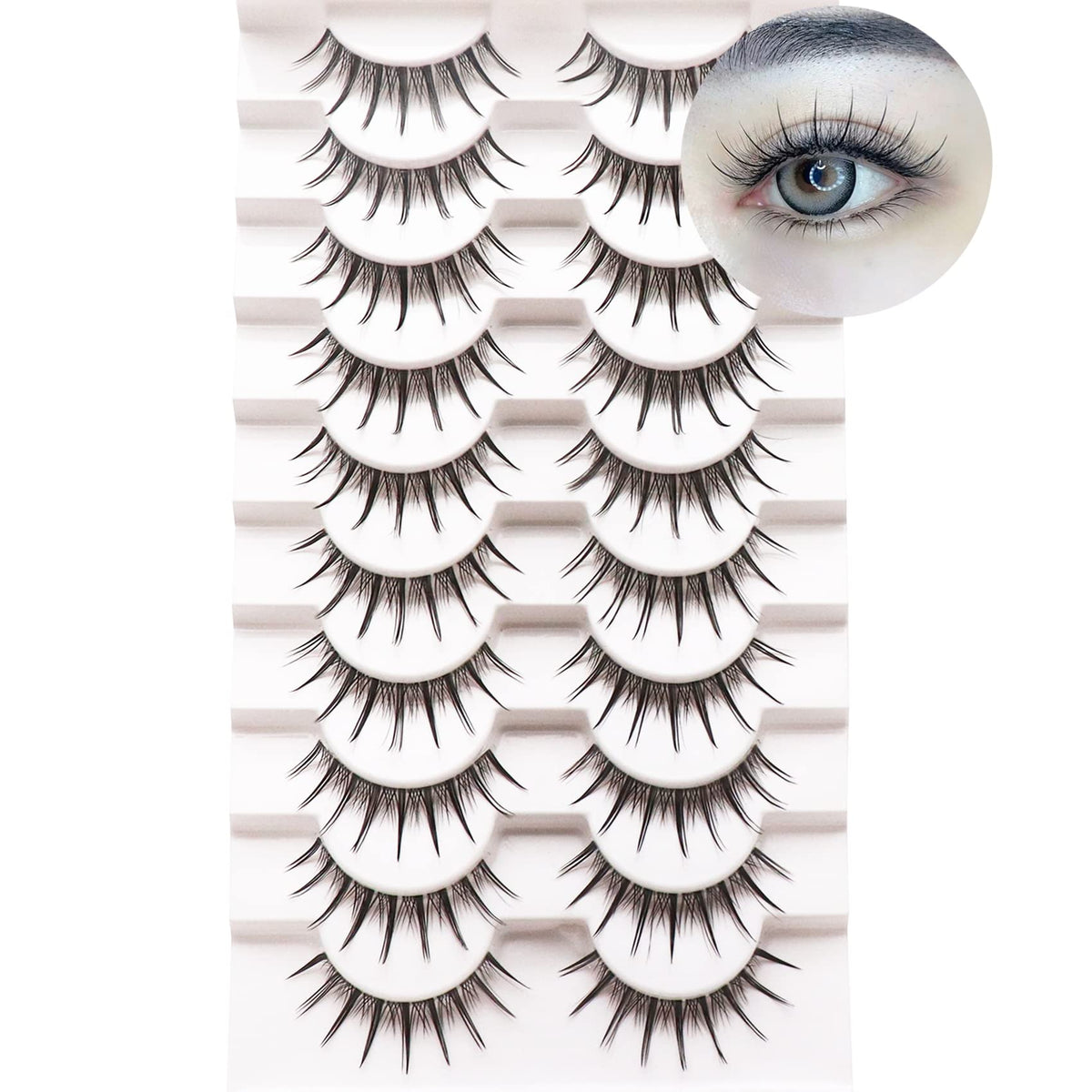 Losha Lashes Natural Look Wispy Faux Mink Eyelashes - 10 Pairs Clear Band Individual Clusters