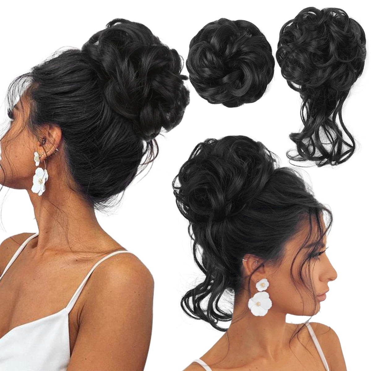 REECHO Black Hair Bun Piece - Classic Tousled Updo Scrunchies, Medium Synthetic Fiber, 2 Pack