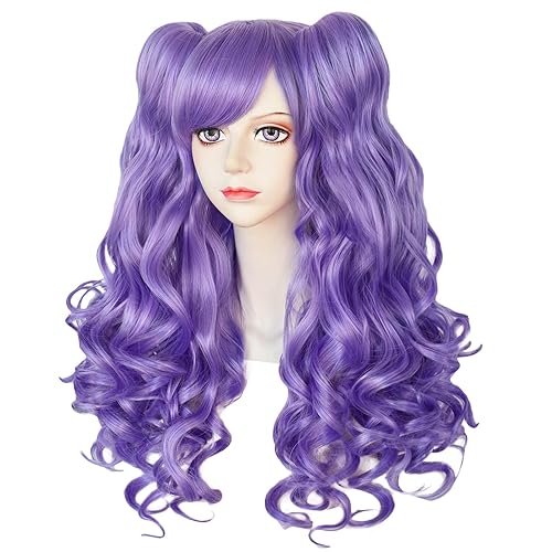 Anogol Purple Curly Wig with Ponytails - Synthetic Fiber Costume Hair Cap for Women