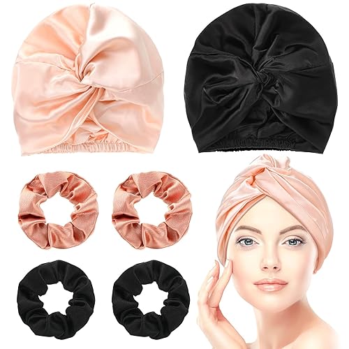 Geyoga 6 Pcs Silk Hair Bonnet Set For Women - Reusable Large Wraps With Scrunchies, Pink/Black