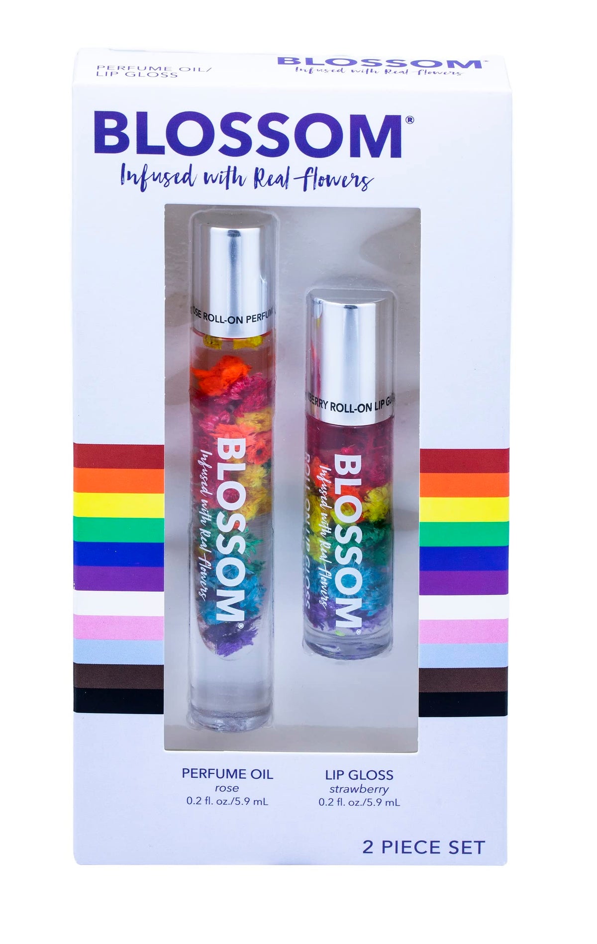 Blossom Roll-On Lip Gloss & Perfume Set, Strawberry/Rose, Infused With Real Flowers, 2 Pack