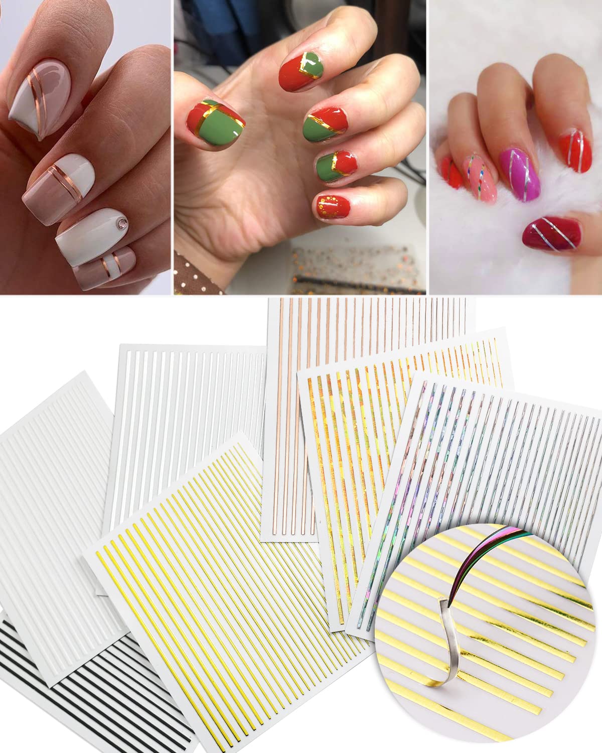 Miss Forever Metallic Nail Striping Tape - 7 Sheets Holographic Foil Design For Manicure Art