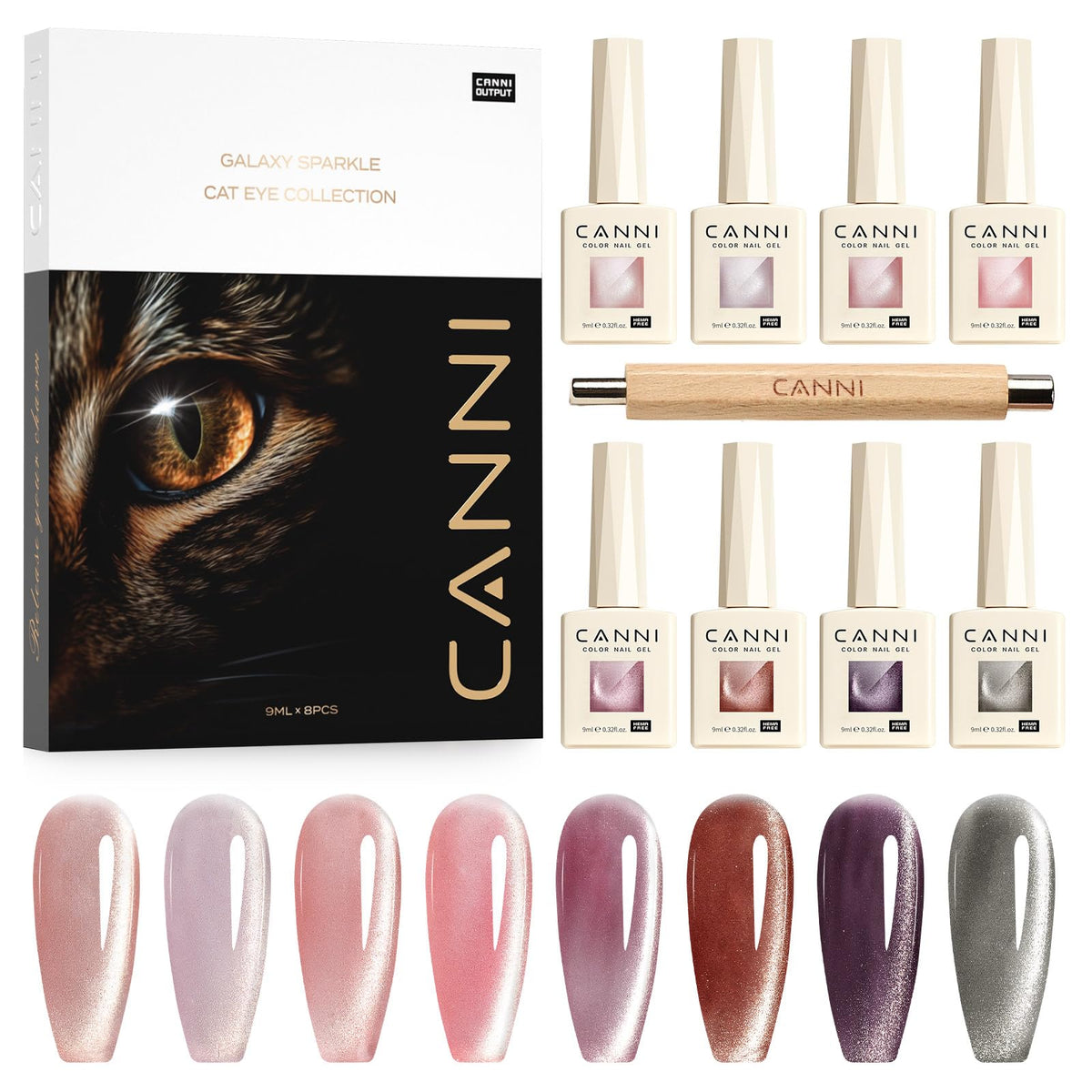 Canni 8 Pcs Cat Eye Gel Nail Polish Set - Shimmer Velvet, Holographic Colors, Soak Off, 