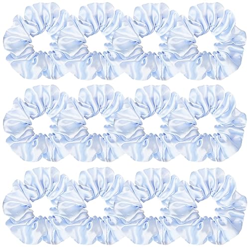 Sufermoe 12 Pcs Light Blue Satin Silk Scrunchies - Soft Hair Ties & Ponytail Holders for Women