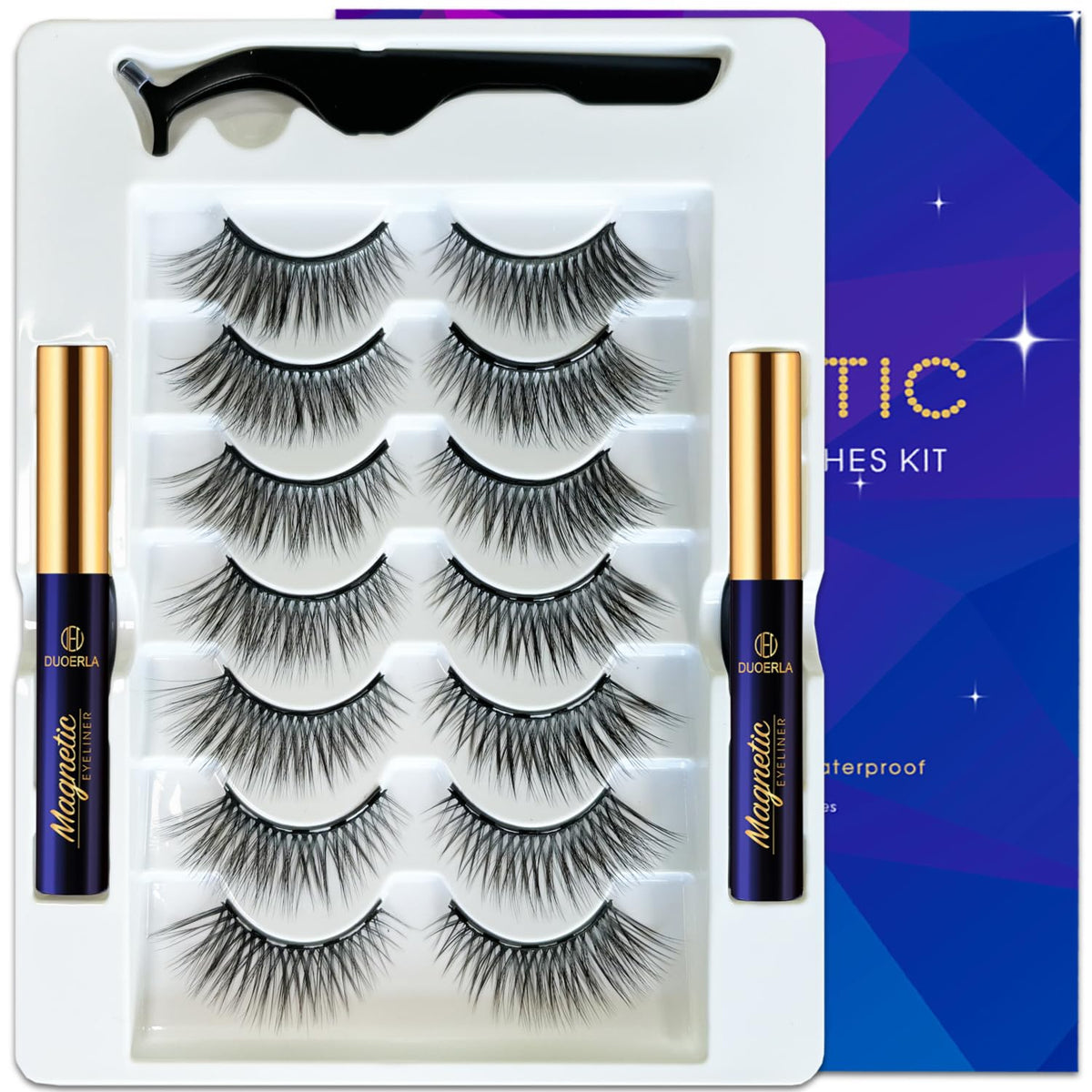 Duoerla 7 Pairs Magnetic Eyelashes With Eyeliner Kit - Wispy Cat-Eye, Reusable, Vegan