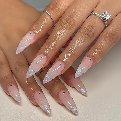 IMSOHOT Medium Almond Press-on Nails, 24pcs Acrylic Glossy Nude Stiletto with Rhinestones