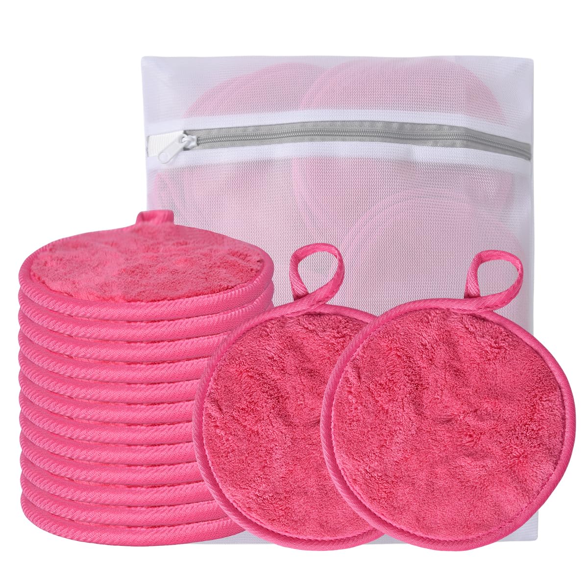 Vicolour Large Pink Reusable Makeup Remover Pads - 12 Soft Microfiber Cloths With Laundry Bag