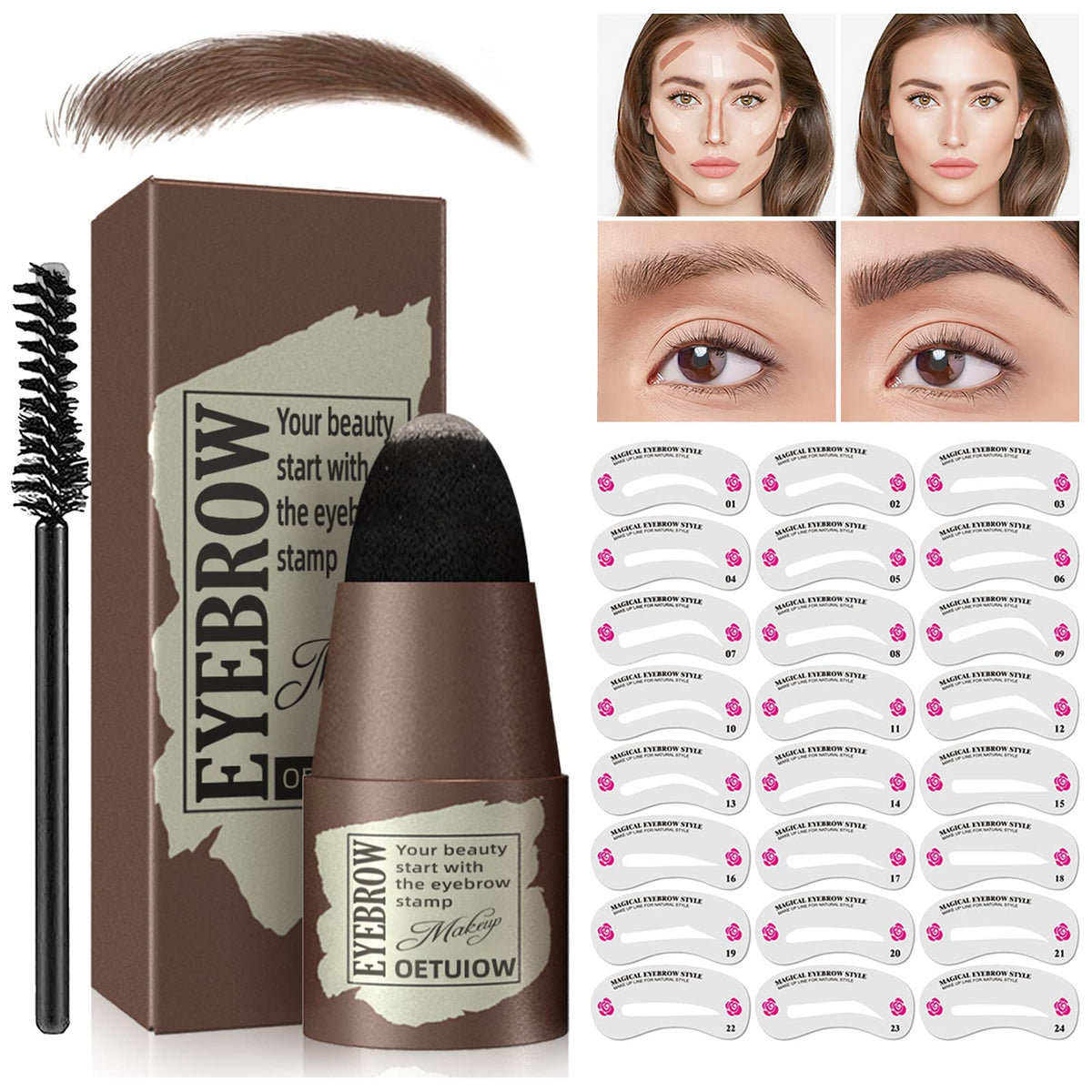 OETUIOW Eyebrow Stamp Stencil Kit - Waterproof, Long-lasting, 24 Reusable Stencils, Medium Brown