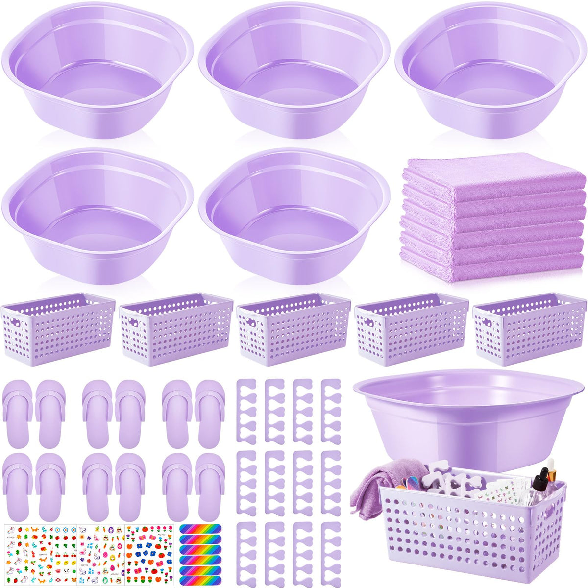 Mumufy Kids Foot Spa Kit - 6 Sets For Spa Party With Washbasin, Towels & Nail Kit - Light Purple