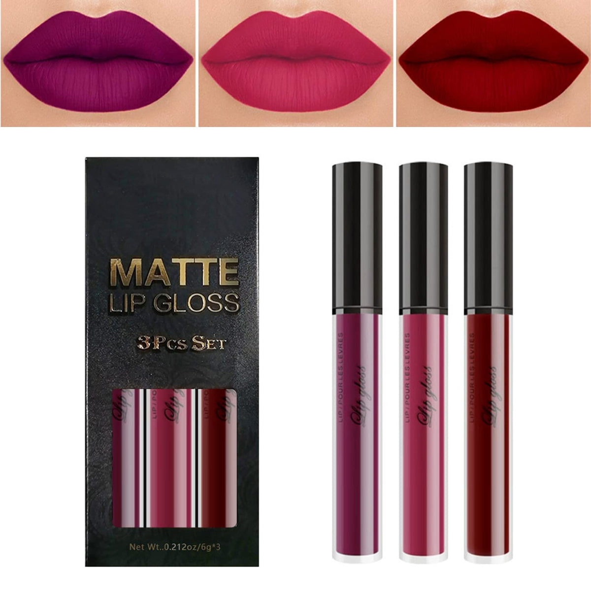 Wyblzpxz Matte Liquid Lipstick Set, 3 Pcs Long Lasting Waterproof Lip Stain, Dark Red Black Purple Blue