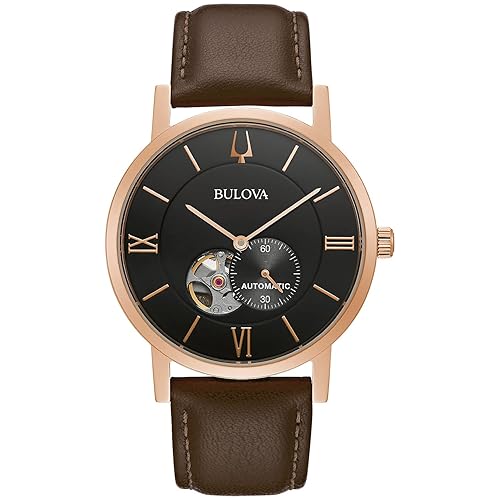 Bulova Men'S 3-Hand Automatic Watch, 42Mm, Brown Leather, Rose Gold, Hack Feature, Exhibition Case