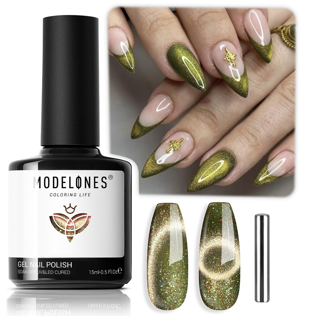 Modelones Cat Eye Gel Nail Polish, 15Ml Glitter Green, Reflective Nail Art For Diy Manicure