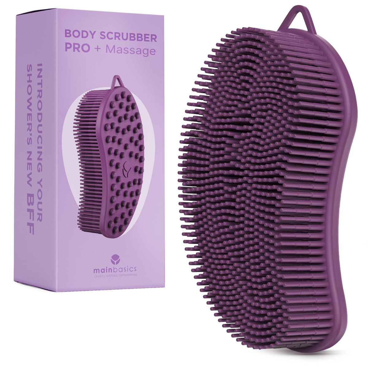 Mainbasics Silicone Body Scrubber Pro - 2-In-1 Exfoliating Loofah & Massager, Purple