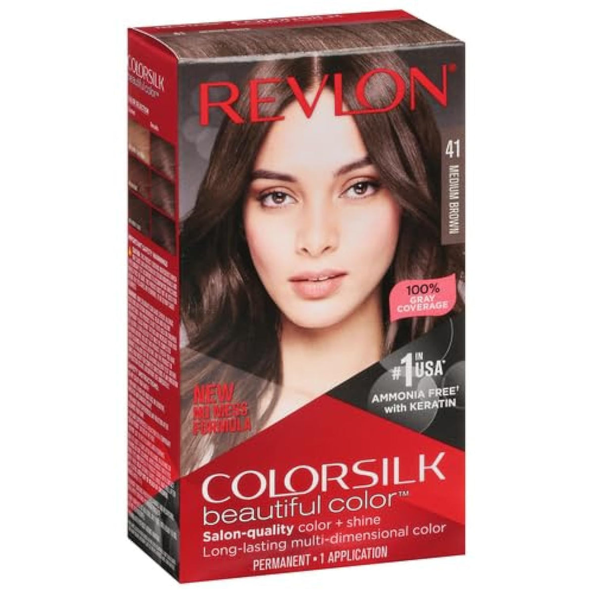 Revlon Colorsilk Permanent Hair Color, 100% Gray Coverage, 41 Medium Brown, Ammonia-Free, 4.