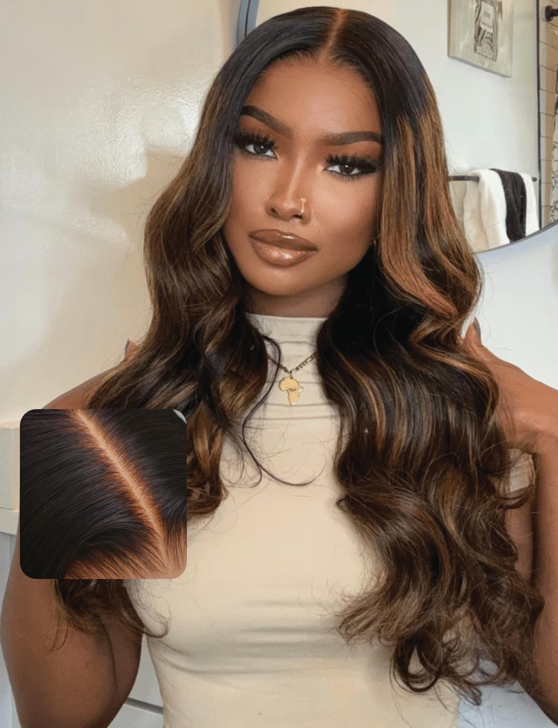 UNICE 22&quot; Balayage Brown Glueless Lace Front Wig, Human Hair Body Wave, 150% Density