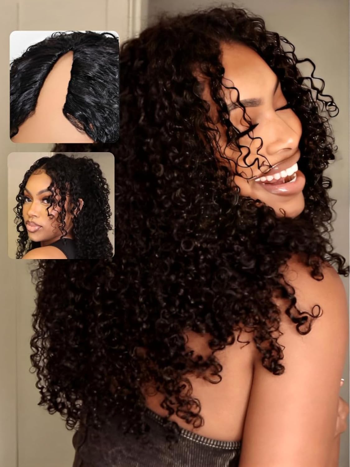 Unice 14&quot; Easicontour V Part Wig - Black Jerry Curly Human Hair Glueless Clip-In, Beginner Friendly