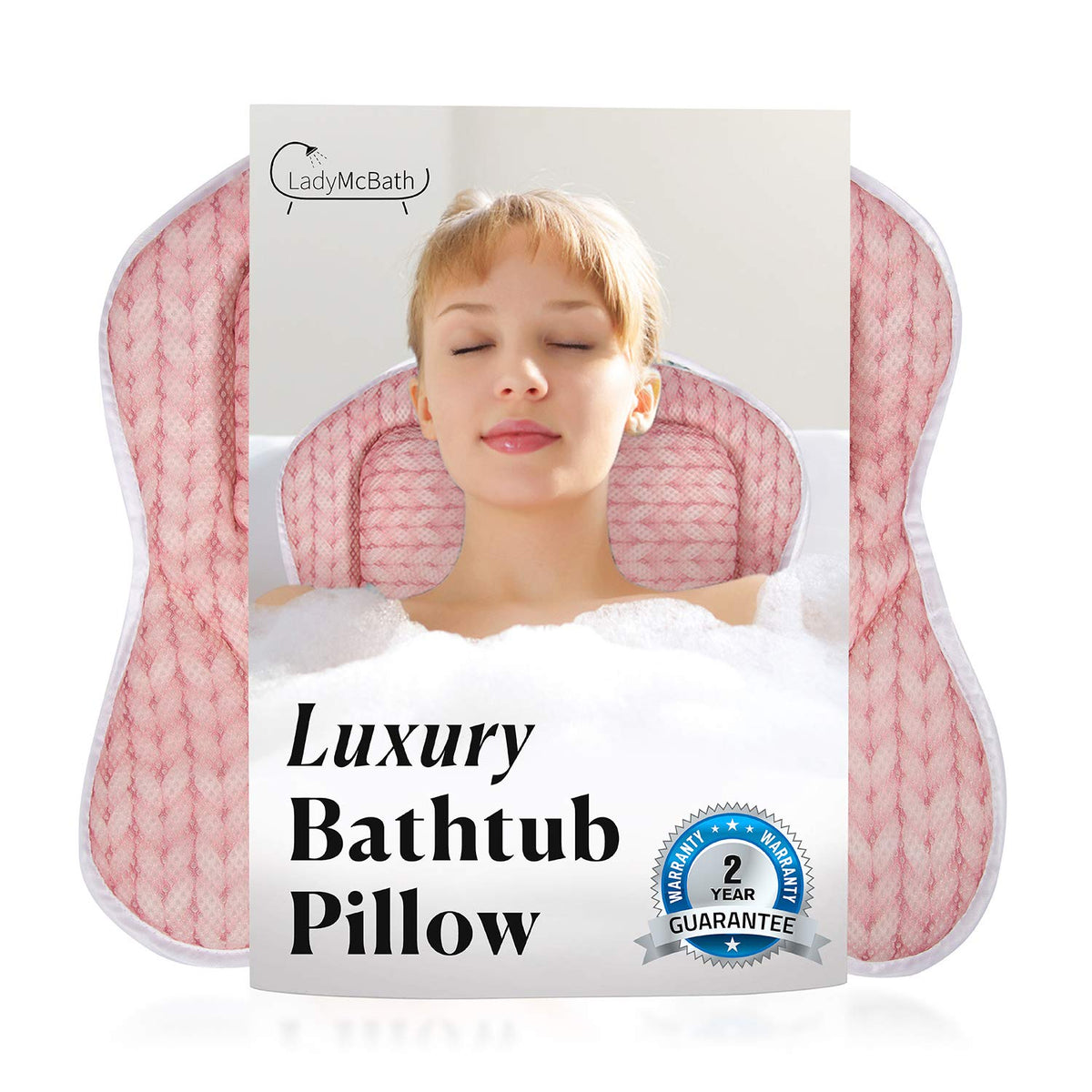 Ladymcbath Luxury Bath Pillow - Plush Peach Neck & Back Support, Machine Washable, Suction Cups