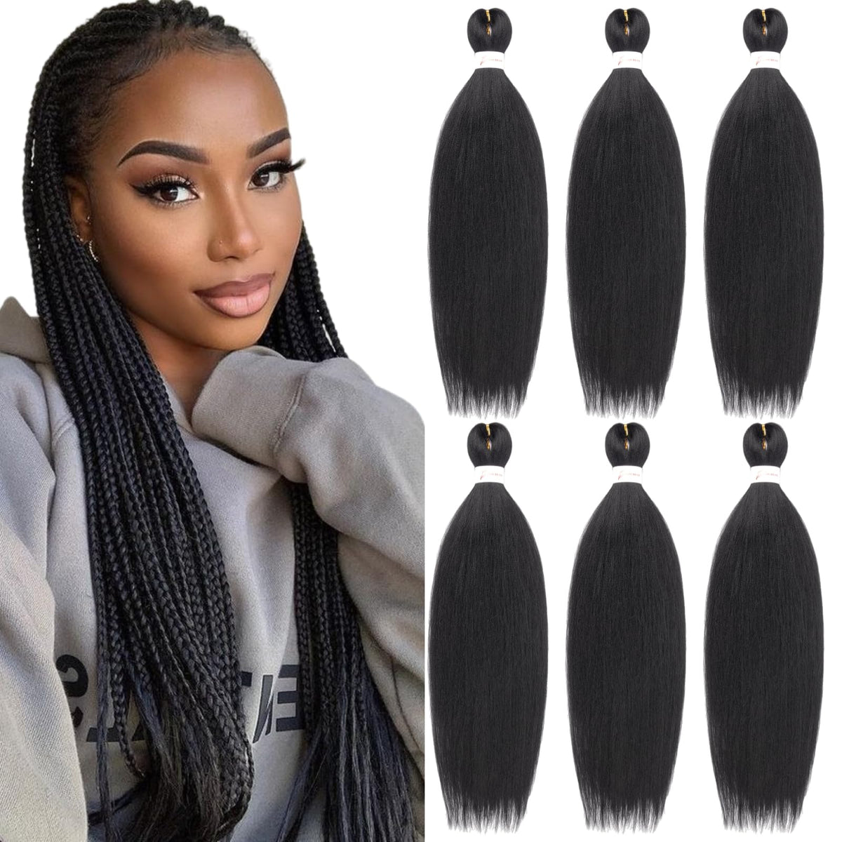 Menethe Hair 24&quot; Pre-Stretched Braiding Hair, 6 Packs Synthetic Crochet Twist, Color 1B#