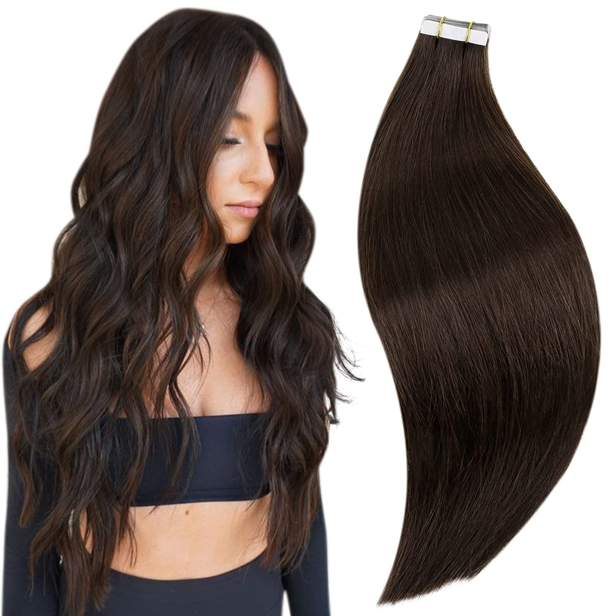 Runature 16&quot; Darkest Brown Tape In Extensions - Remy Human Hair, Invisible Skin Weft, 50G