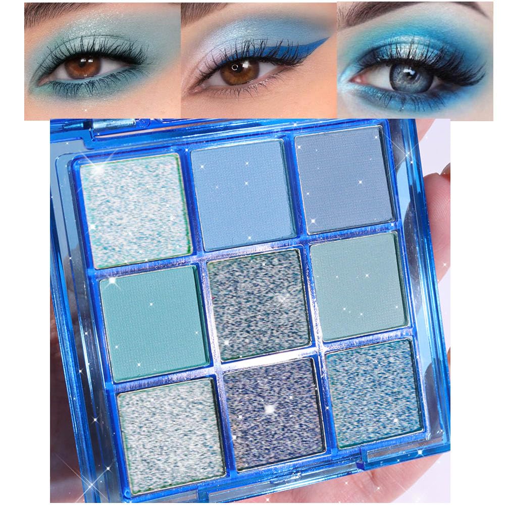 Evpct 9 Colors Eye Shadow Palette - Dark Light Cobalt Blue, Highly Pigmented, Waterproof, Shimmer