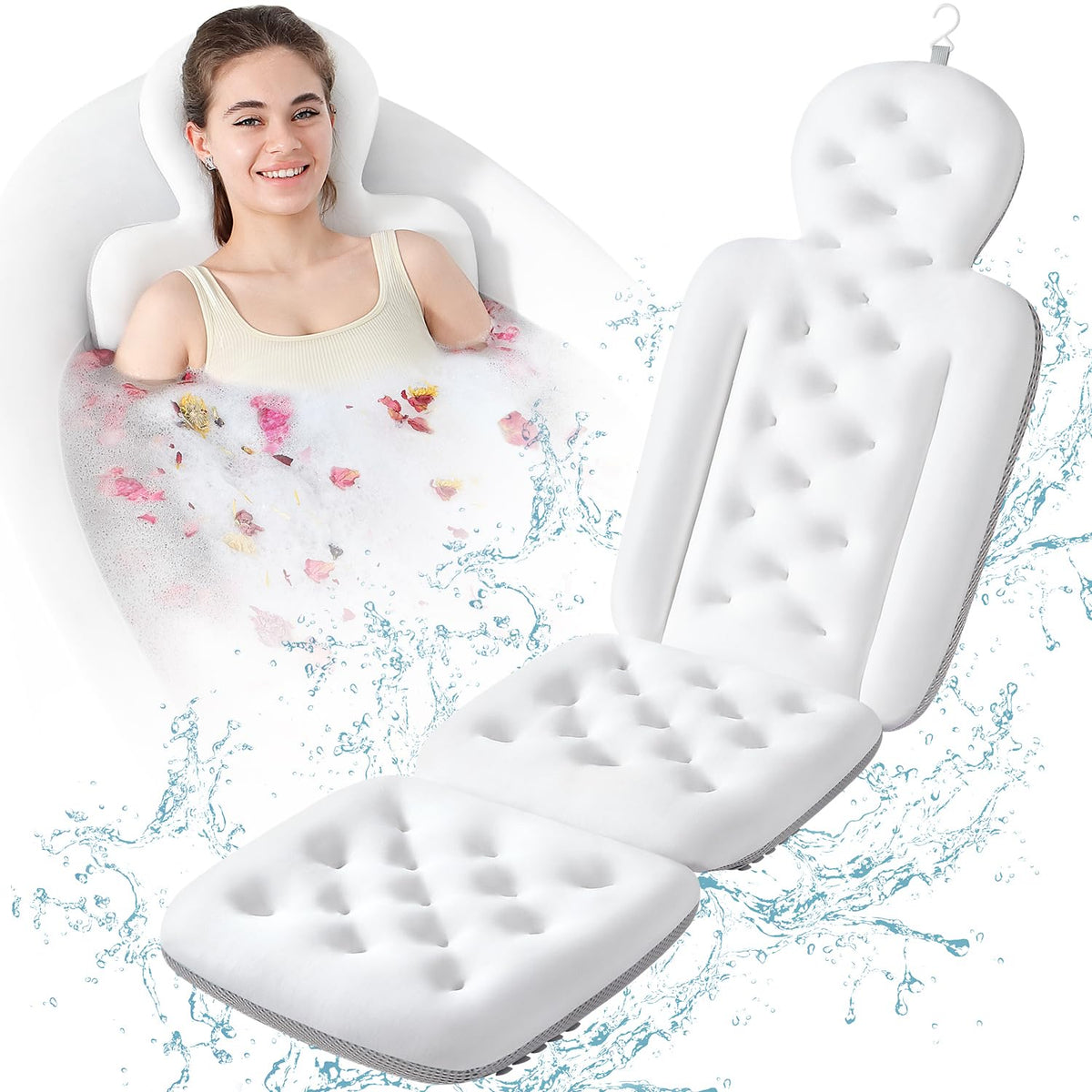 Veils Luxury Bath Cushion - Full Body Bathtub Pillow With 160 Suction Cups, White, 56.2&quot; X 16