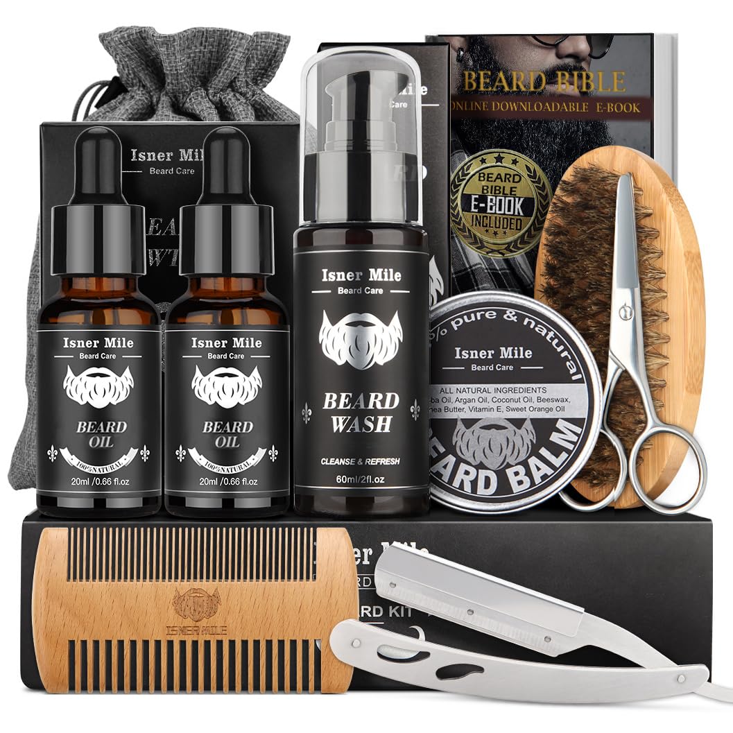 Isner Mile Beard Grooming Kit - Beard Shampoo, Oil, Balm, Brush & Scissors - Gifts For Men