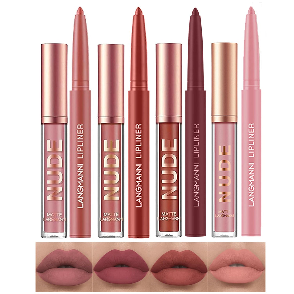 Langmanni 4Pcs Matte Lipstick Set With Lipliners - Long-Lasting Waterproof Velvet Lipgloss Kit