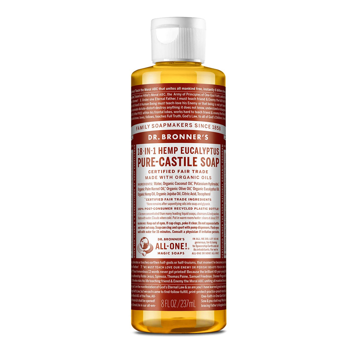 Dr. Bronner'S Pure-Castile Liquid Soap Eucalyptus 8 Oz - Organic, Vegan, 18-In-1 Uses