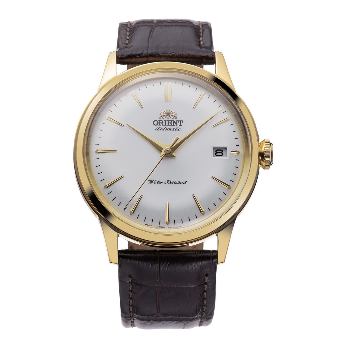 Orient Bambino Men'S Automatic Mechanical Watch, Brown Strap, Gold Case, Grey Dial