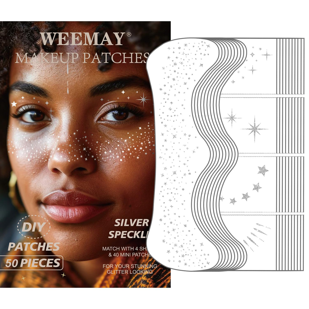 Weemay 50 Pcs Silver Glitter Freckles Face Tattoos, Waterproof Temporary Makeup Patches